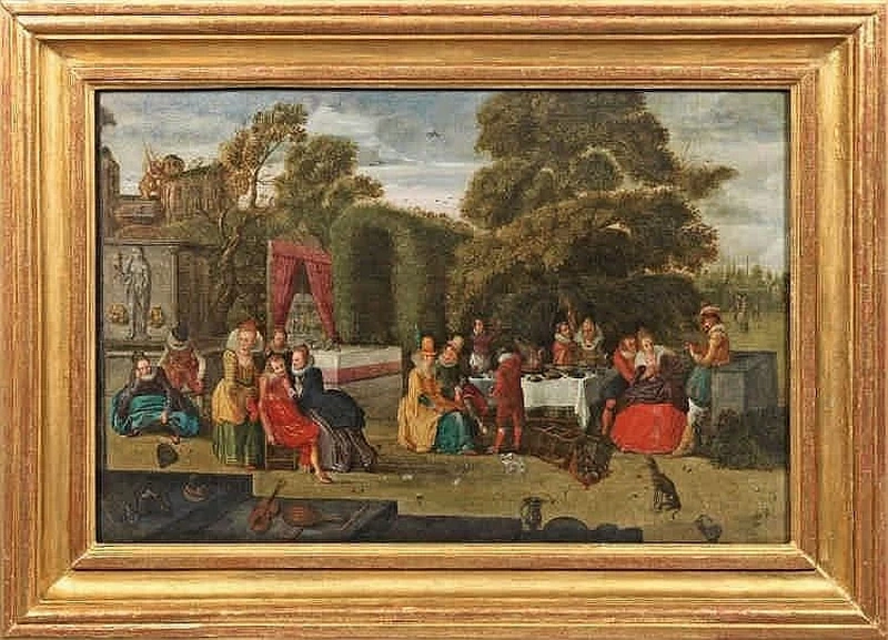 Scena di festa in un parco con un castello sullo sfondo